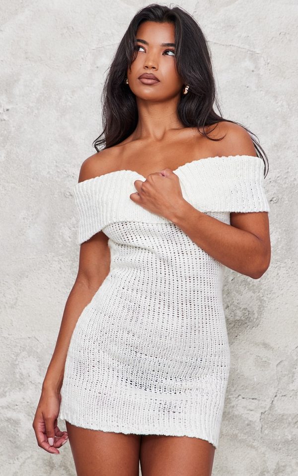 White Chunky Knit Foldover Bandeau Mini Dress