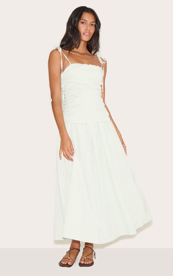 Sage Green Check Ruched Detail Strappy Maxi Dress