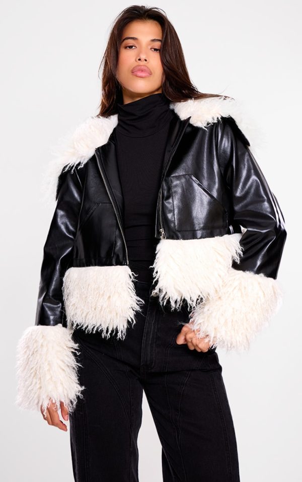 Black Faux Fur White Trim Contrast Faux Leather Jacket