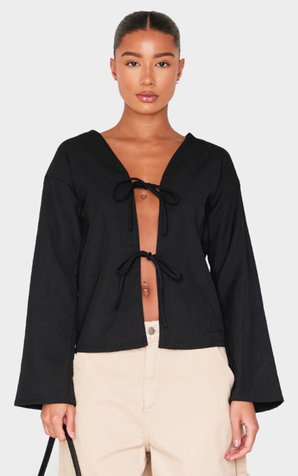 Black Woven Tie Front Flared Sleeve Shirt