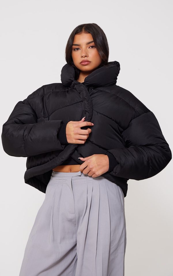 Black Quilted Asymmetric High Neck Puffer Jacket