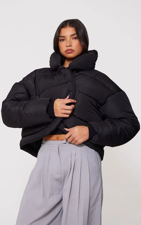 Black Quilted Asymmetric High Neck Puffer Jacket