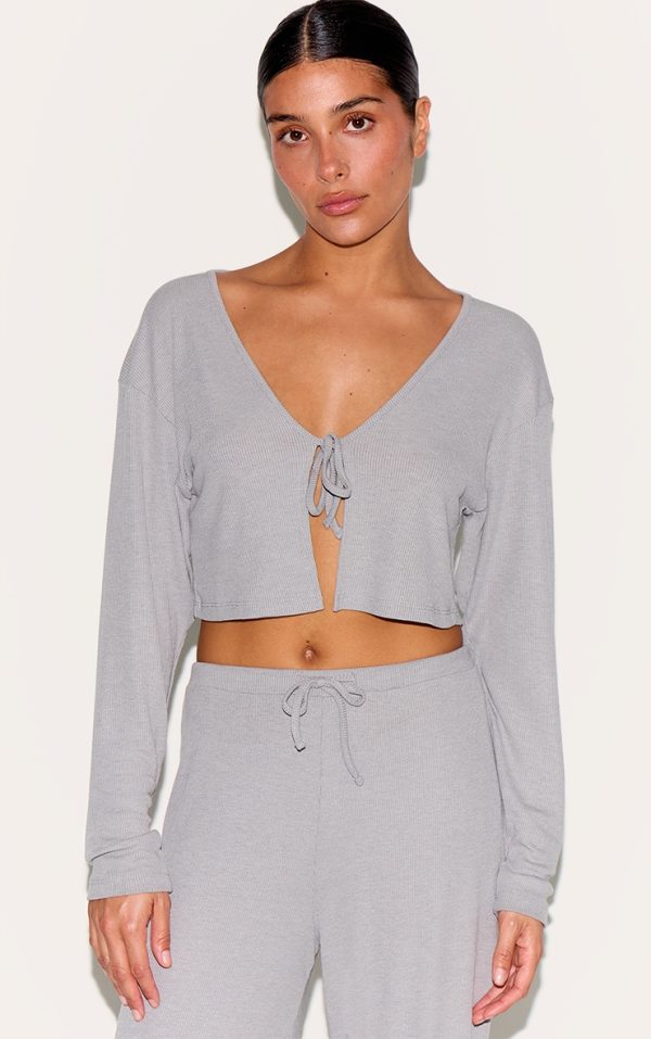 Petite Ash Grey Soft Ribbed Tie Front Top