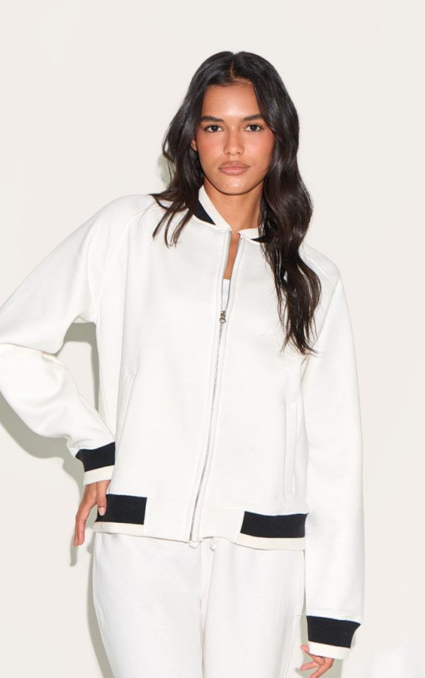 Ecru Contrast Seam Sweat Bomber Jacket