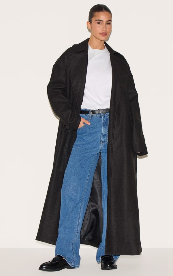 Black Wool Look Oversized Drop Shoulder Coat