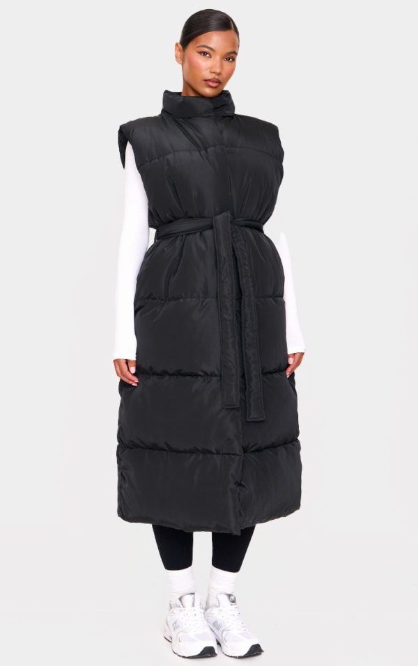 Black Quilted Longline Tie Waist Vest
