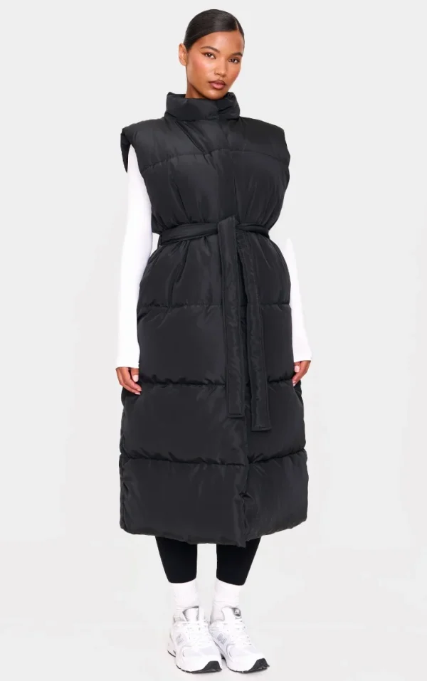 Black Quilted Longline Tie Waist Vest