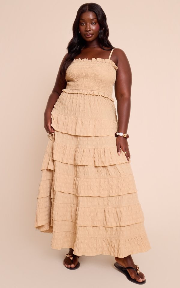 Plus Stone Textured Shirred Tiered Maxi Dress