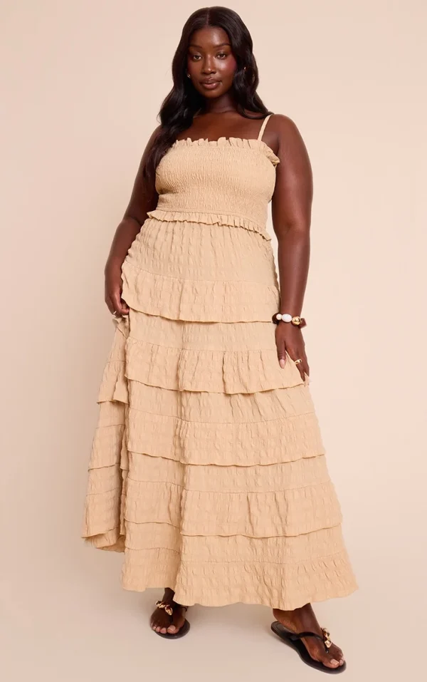 Plus Stone Textured Shirred Tiered Maxi Dress