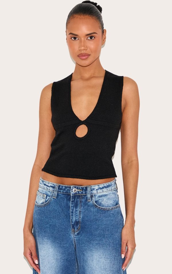 Black Soft Knit Plunge Detail Crop Top