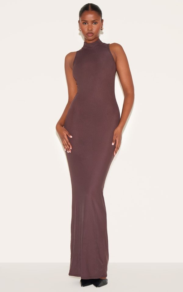 Chocolate Mesh Overlay Ruched Detail Maxi Dress
