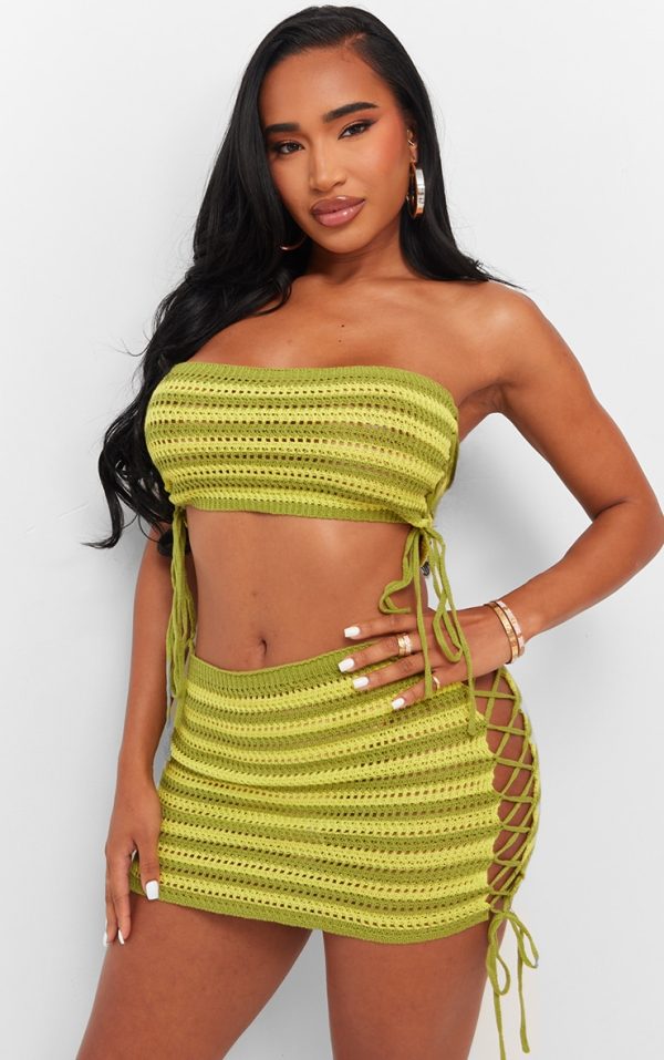 Shape Green Knit Contrast Lace Up Bandeau