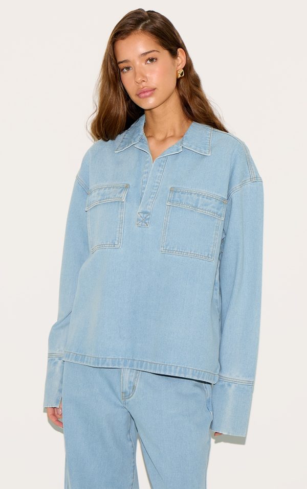 Light Blue Long Sleeve Slouchy Denim Rugby Shirt