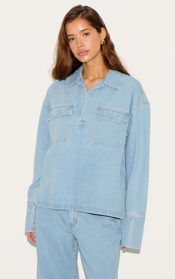 Light Blue Long Sleeve Slouchy Denim Rugby Shirt