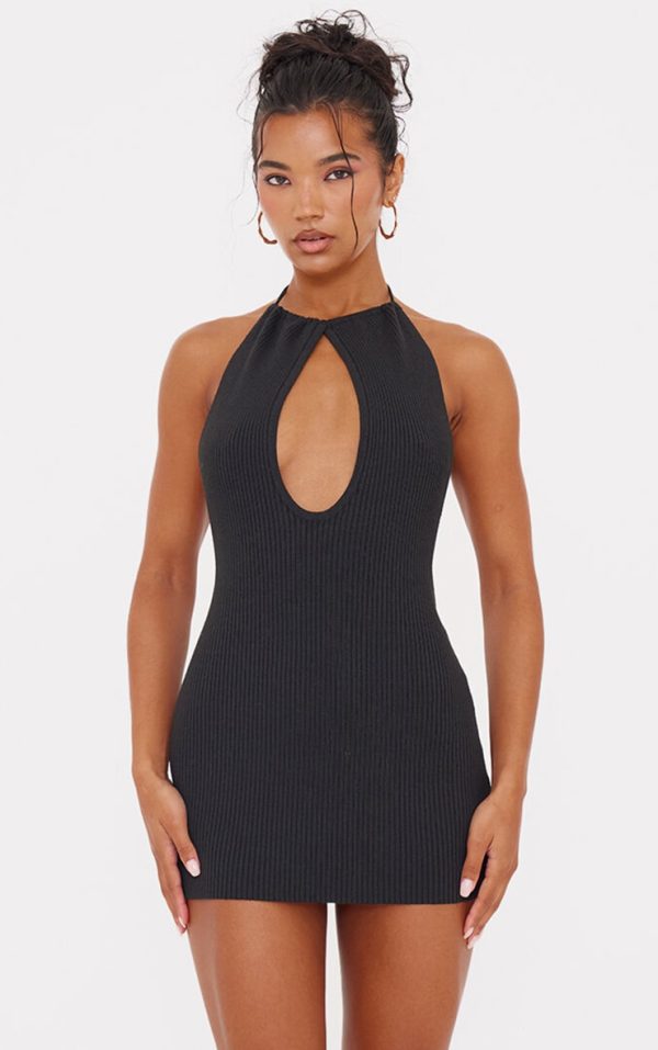 Black Fine Knit Halterneck Mini Dress