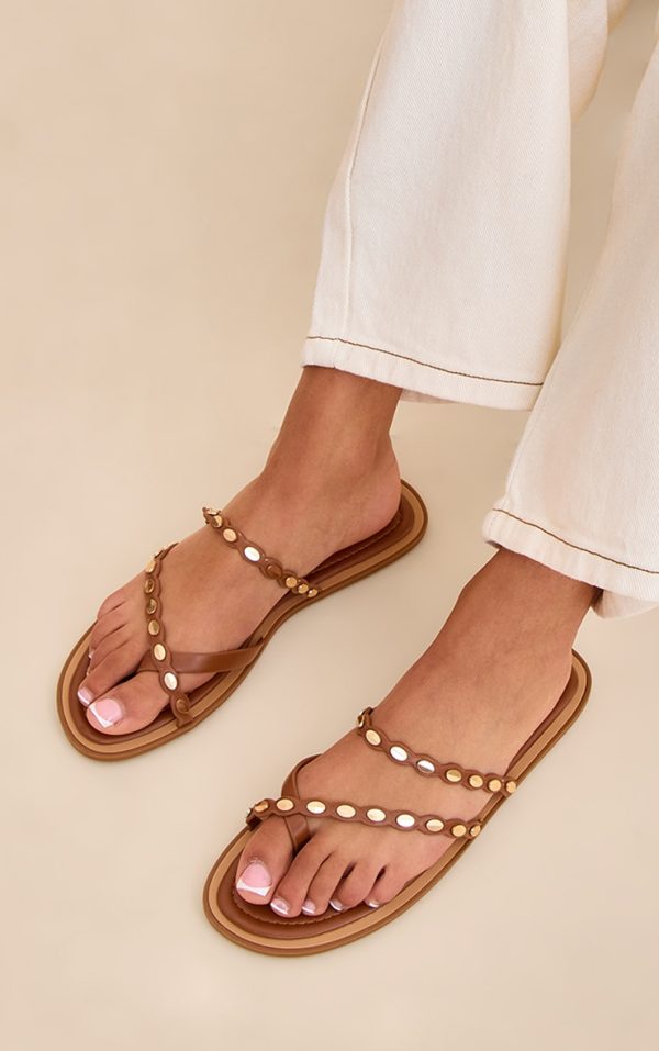 Tan Toe Thong Gold Hardware Sandals