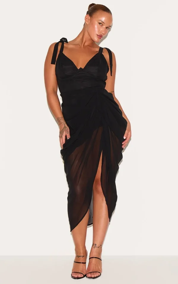 Plus Black Underwire Detail Draped Midi Dress