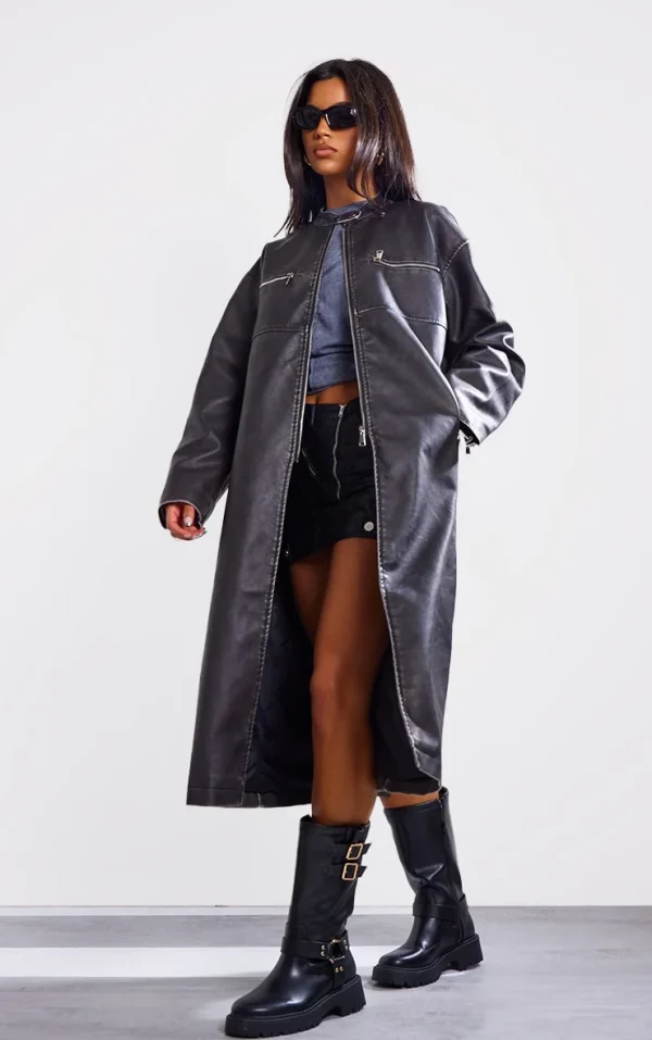 Black Distressed Pu Biker Trench Coat