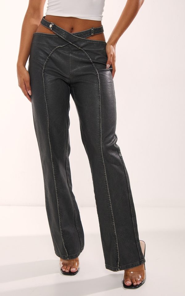 Charcoal Washed Faux Leather Cut Out Belt Pintuck Pants