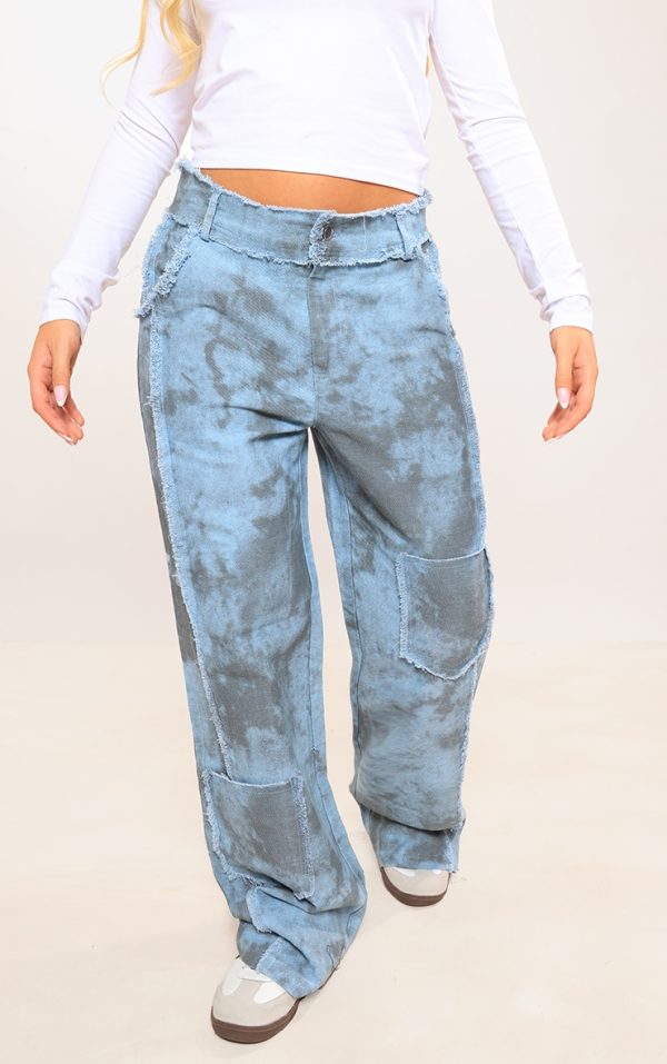 Blue Washed Twill Exposed Seam Straight Leg Pants