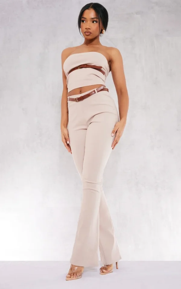 Stone Stretch Woven Belt Detail Flared Pants