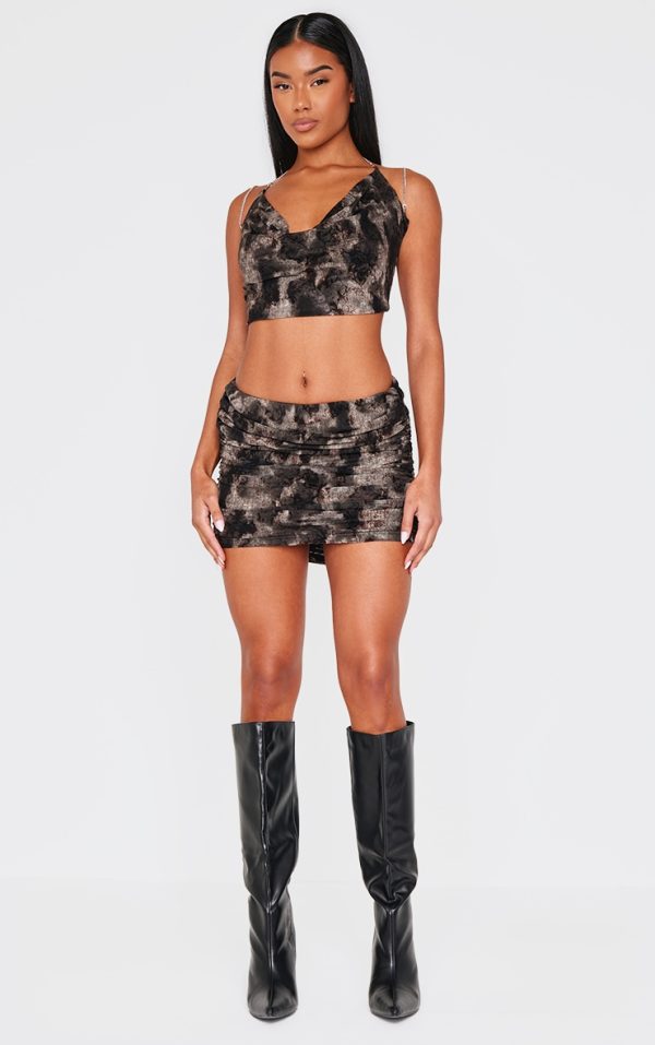 Charcoal Devore Mesh Ruched Micro Mini Skirt