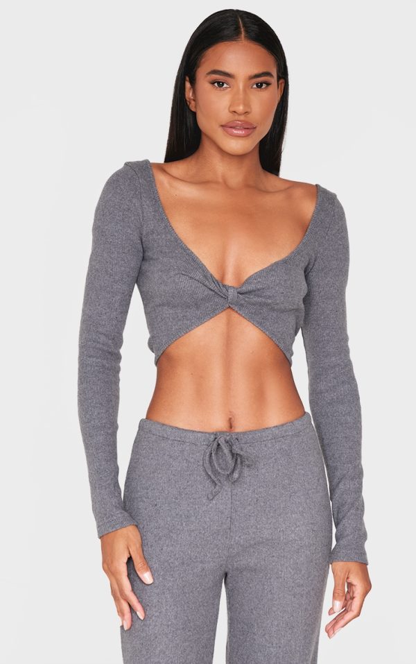 Charcoal Brushed Rib Twist Front Long Sleeve Bardot Top