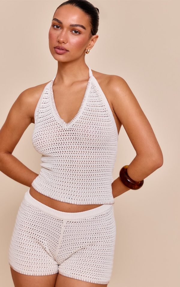 Oatmeal Contrast Stitch Crochet Halter Neck Top Beige