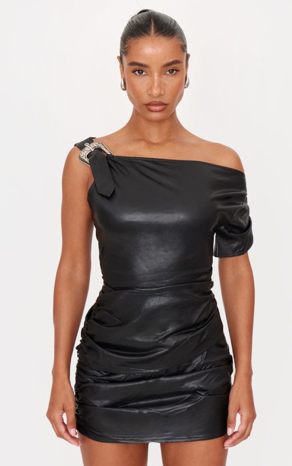 Black Faux Leather Buckle Detail Top