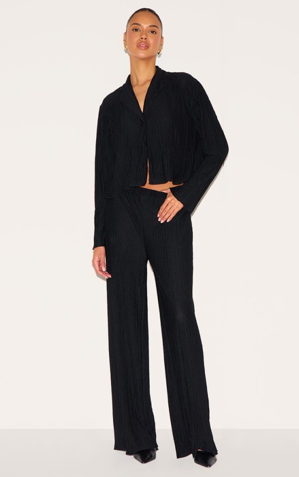 Black Textured Pleated Wide Leg Pants