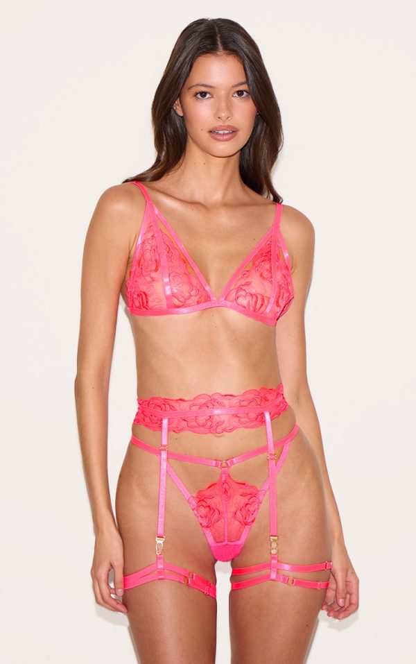 Hot Pink Floral Embroidered Lace Harness Detail 3 Piece Lingerie Set