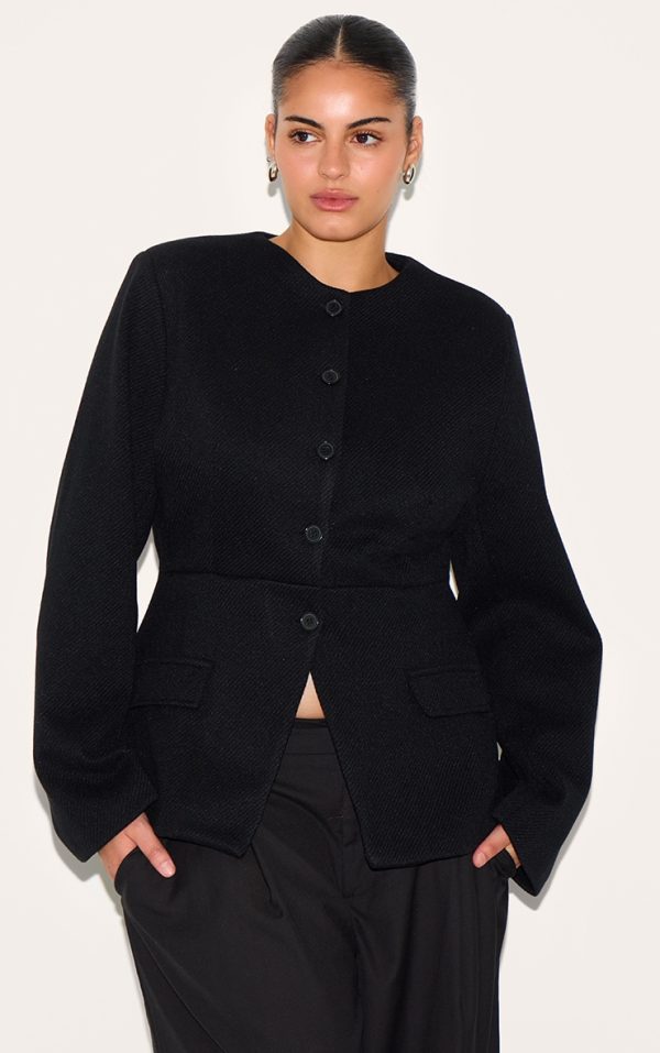 Plus Black Button Up Longline Collarless Blazer