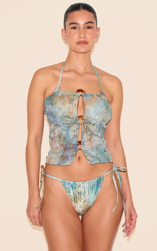 Green Mottled Print O Ring Detail Bandeau Beach Top