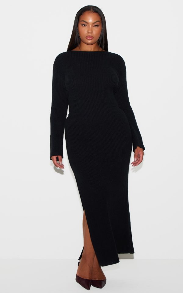 Plus Black Rib Knit Low Back Long Sleeve Maxi Dress