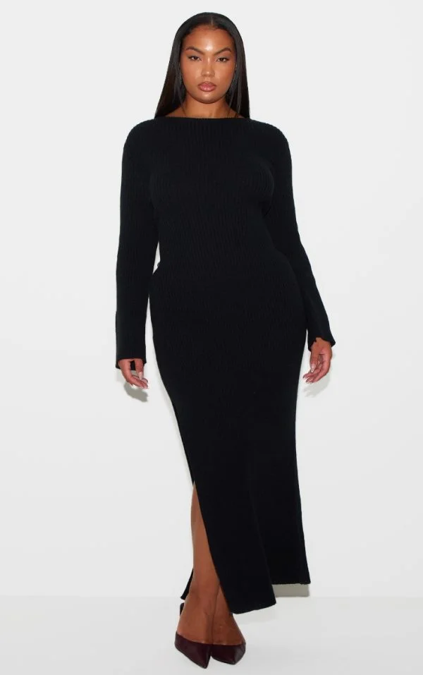 Plus Black Rib Knit Low Back Long Sleeve Maxi Dress