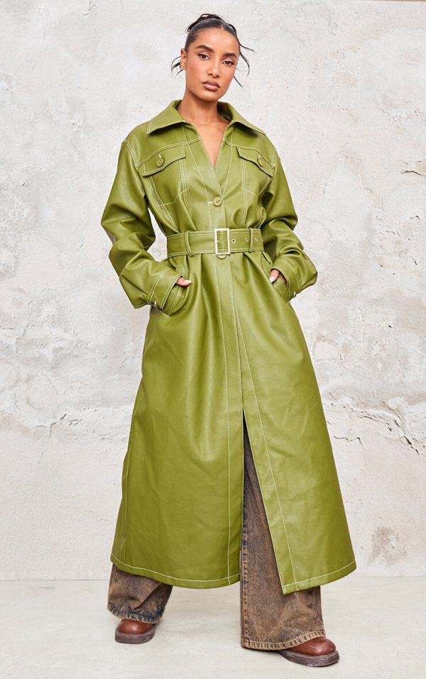Olive Faux Leather Contrast Stitch Split Hem Trench Coat