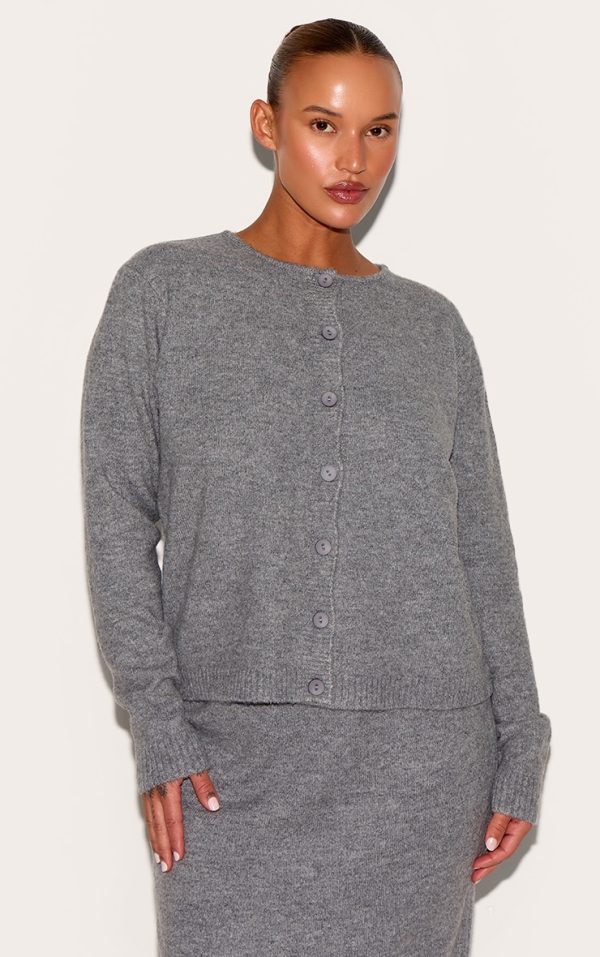 Plus Grey Melange Soft Knit Basic Button Up Cardigan