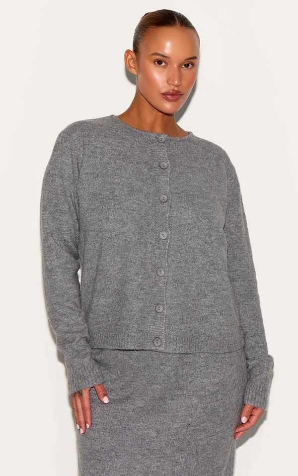 Plus Grey Melange Soft Knit Basic Button Up Cardigan