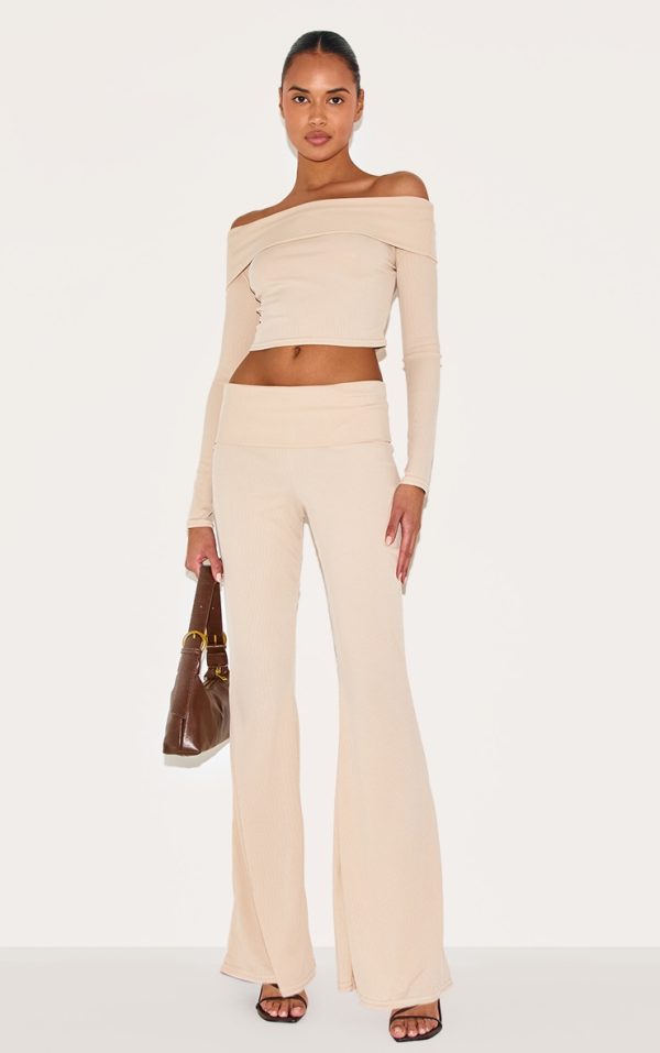 Beige Rib Low Rise Foldover Flared Pants