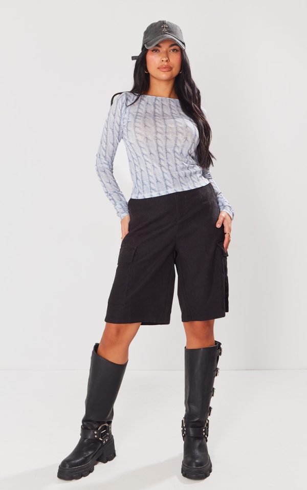 Grey Print Mesh Long Sleeved Long Top