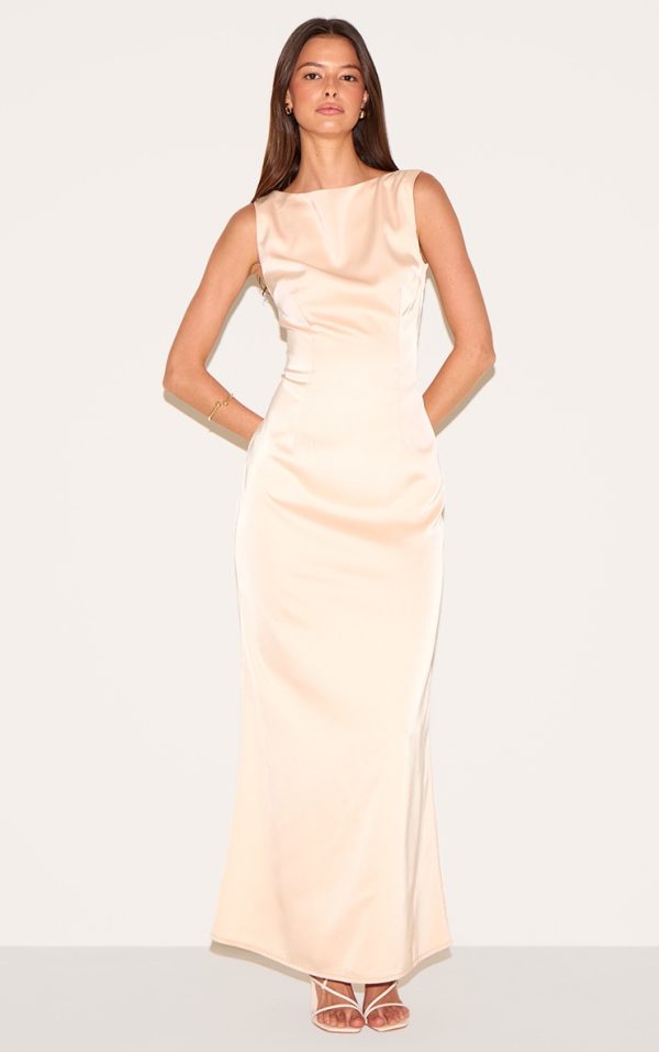 Champagne Bridesmaid Satin Boat Neck Maxi Dress