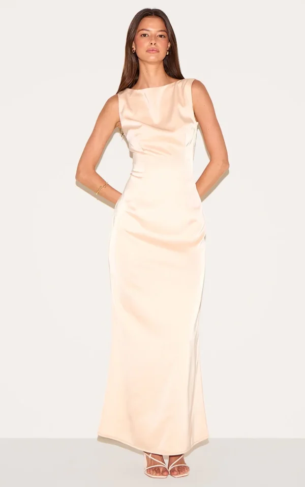 Champagne Bridesmaid Satin Boat Neck Maxi Dress