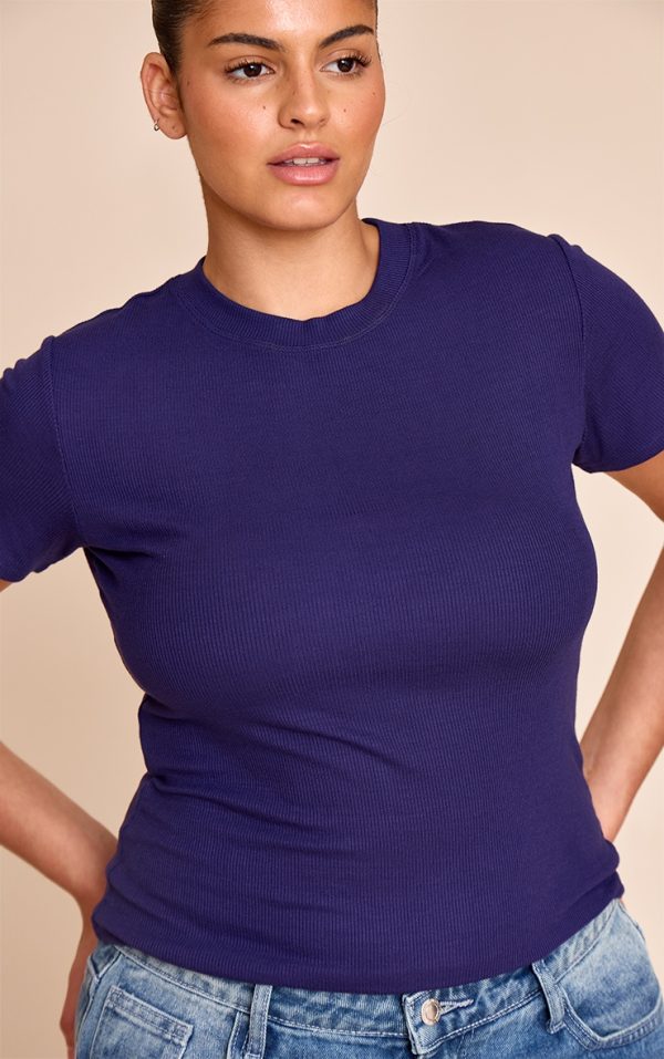 Plus Indigo Blue Soft Rib Crew Neck Short Sleeve Top