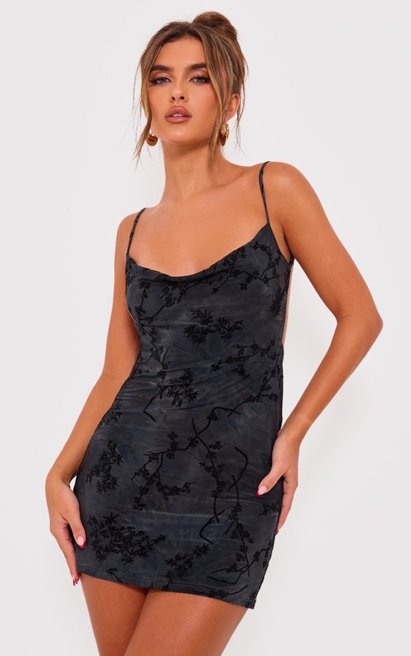 Grey Floral Printed Devore Cowl Neck Shift Dress