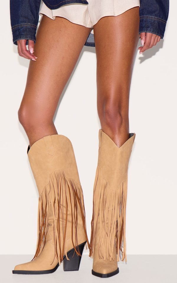 Tan Faux Suede Point Toe Fringed Heel Knee High Western Boots