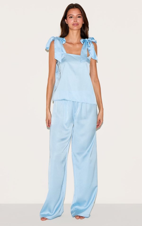 Baby Blue Satin Ribbon Tie Cami Long Pj Set