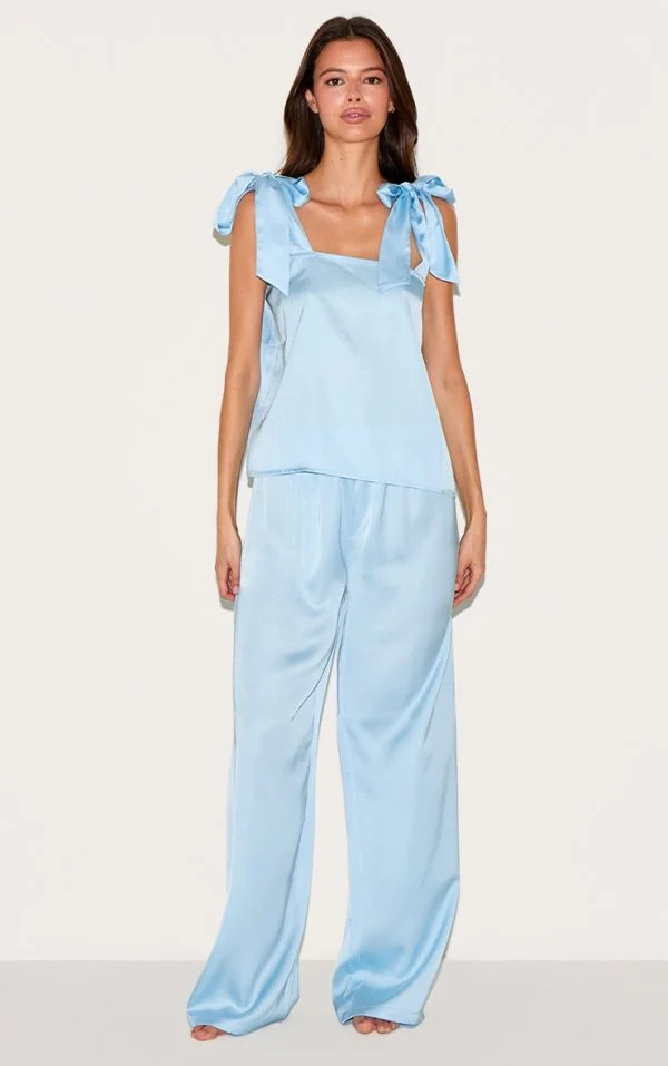 Baby Blue Satin Ribbon Tie Cami Long Pj Set
