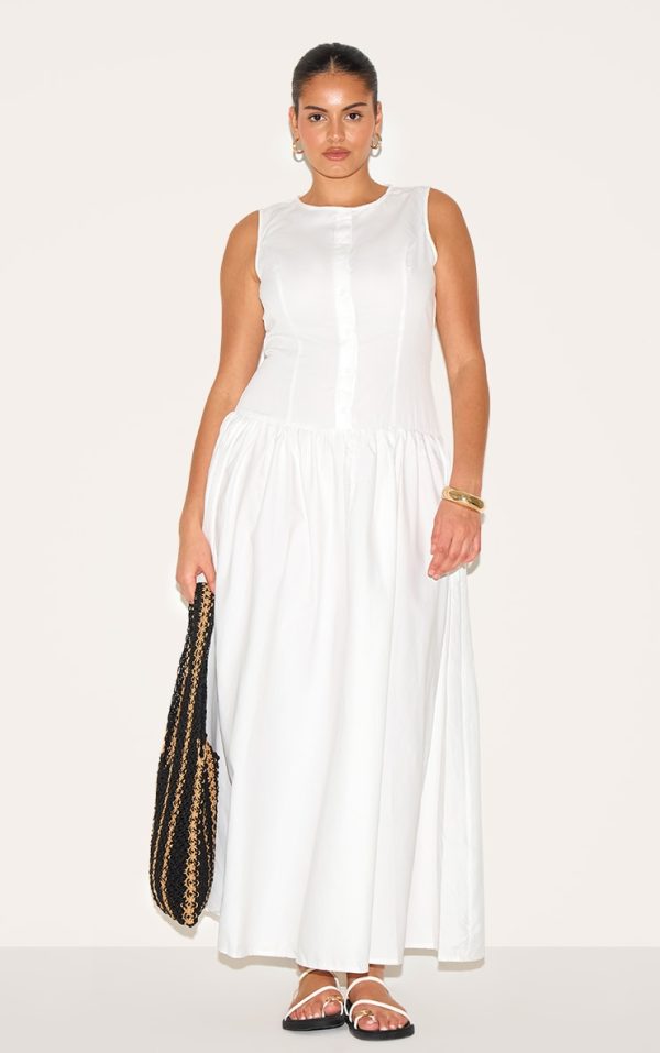 Plus White Button Down Drop Waist Maxi Dress