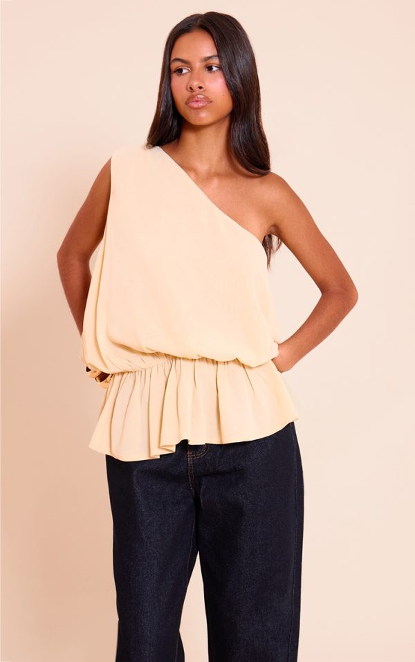 Petite Almond Sheer One Shoulder Flowy Ruched Long Top