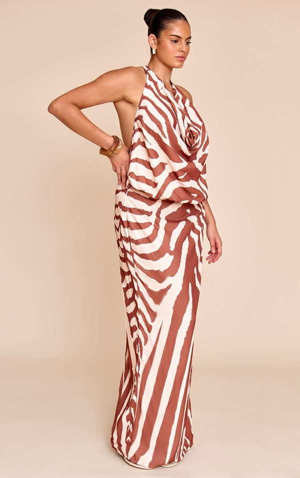 Plus Tan Zebra Abstract Print Chiffon Cowl Neck Maxi Dress
